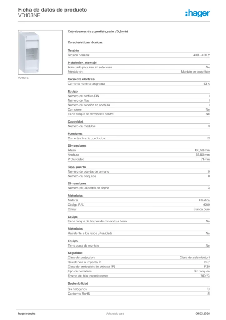 Imagen Hager Ficha de datos de producto VD103NE | Hager España