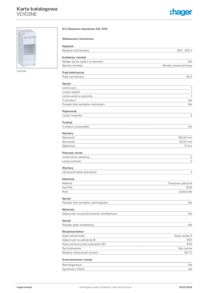 Zdjęcie Hager Karta katalogowa VD103NE | Hager Polska