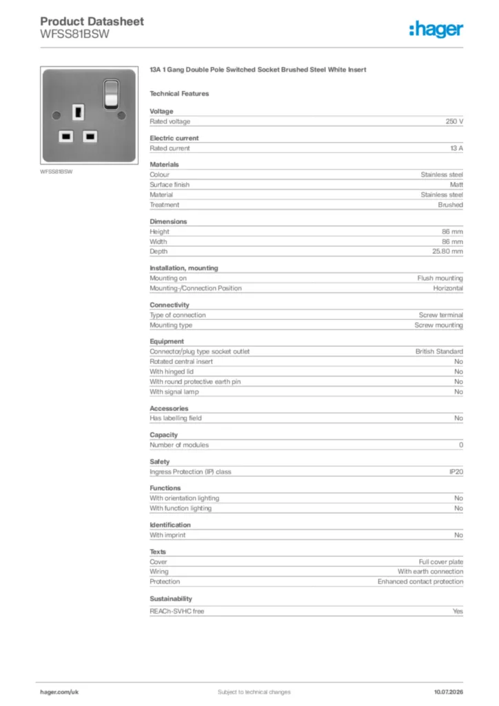 Image Hager Product data sheet WFSS81BSW  | Hager