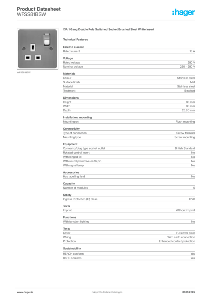 Image Hager Product data sheet WFSS81BSW  | Hager