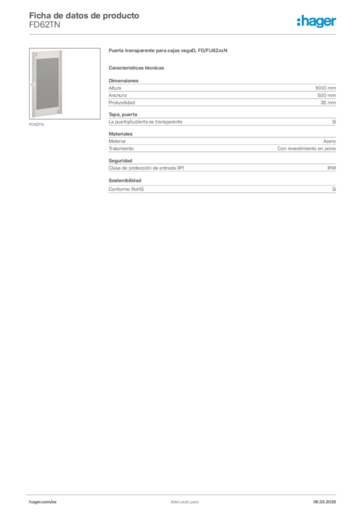 Imagen Hager Ficha de datos de producto FD62TN | Hager España