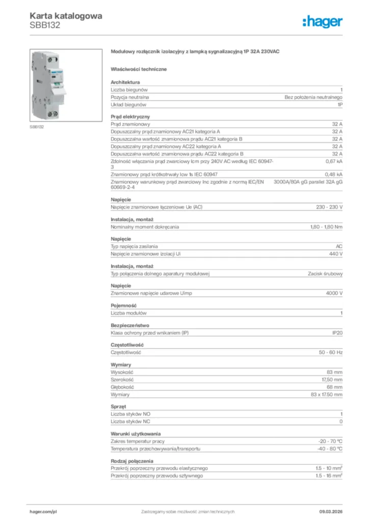 Zdjęcie Hager Karta katalogowa SBB132 | Hager Polska