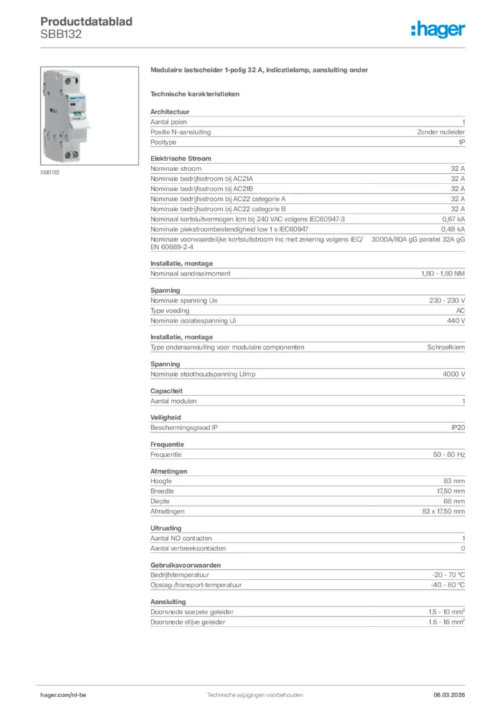 Afbeelding Hager Productdatablad SBB132 | Hager Belgium