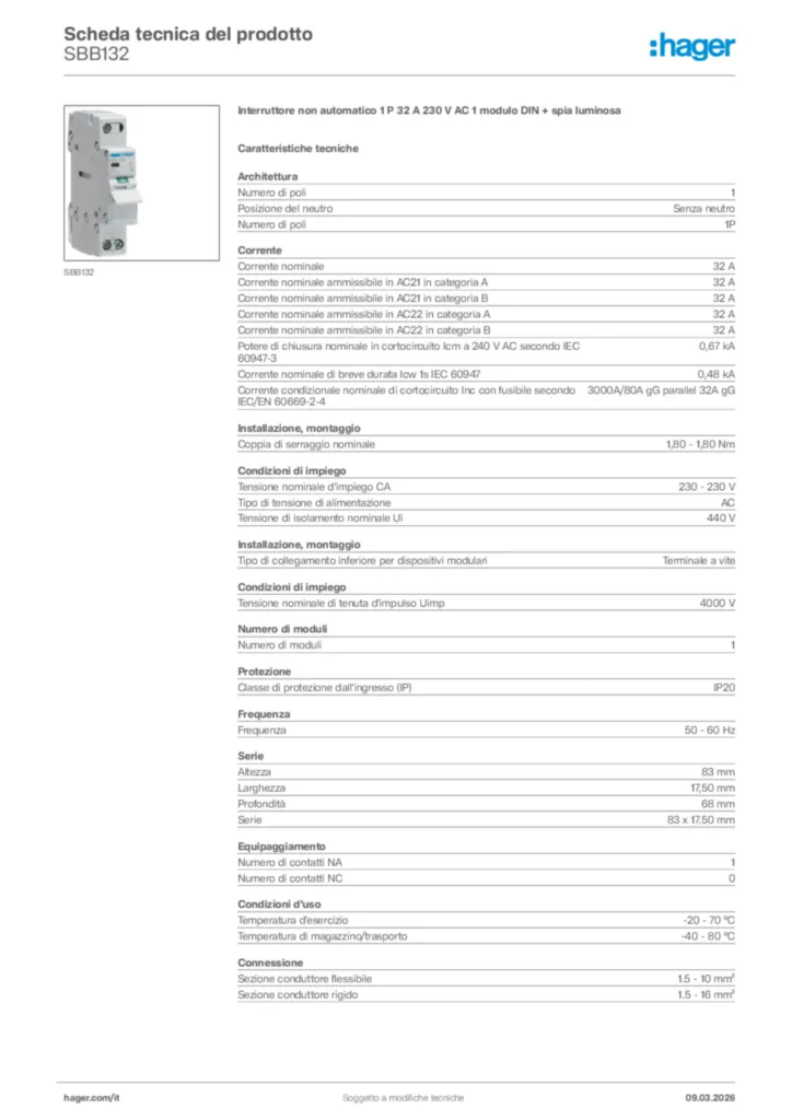 Immagine Hager Scheda tecnica del prodotto SBB132 | Hager Italia