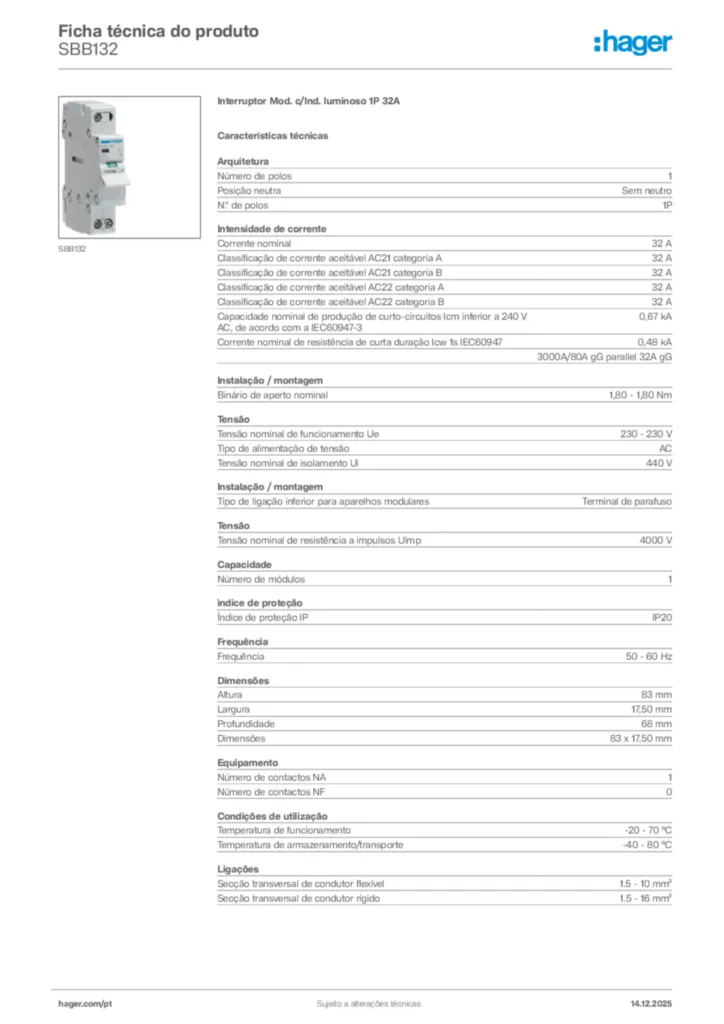 Imagem Hager Ficha técnica do produto SBB132 | Hager Portugal