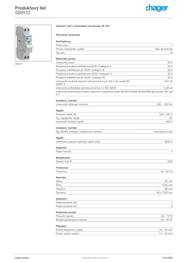Obrázek Hager Produktový list SBB132 | Hager