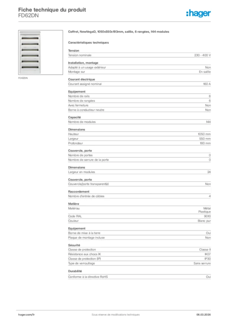 Image Hager Fiche technique du produit FD62DN | Hager France
