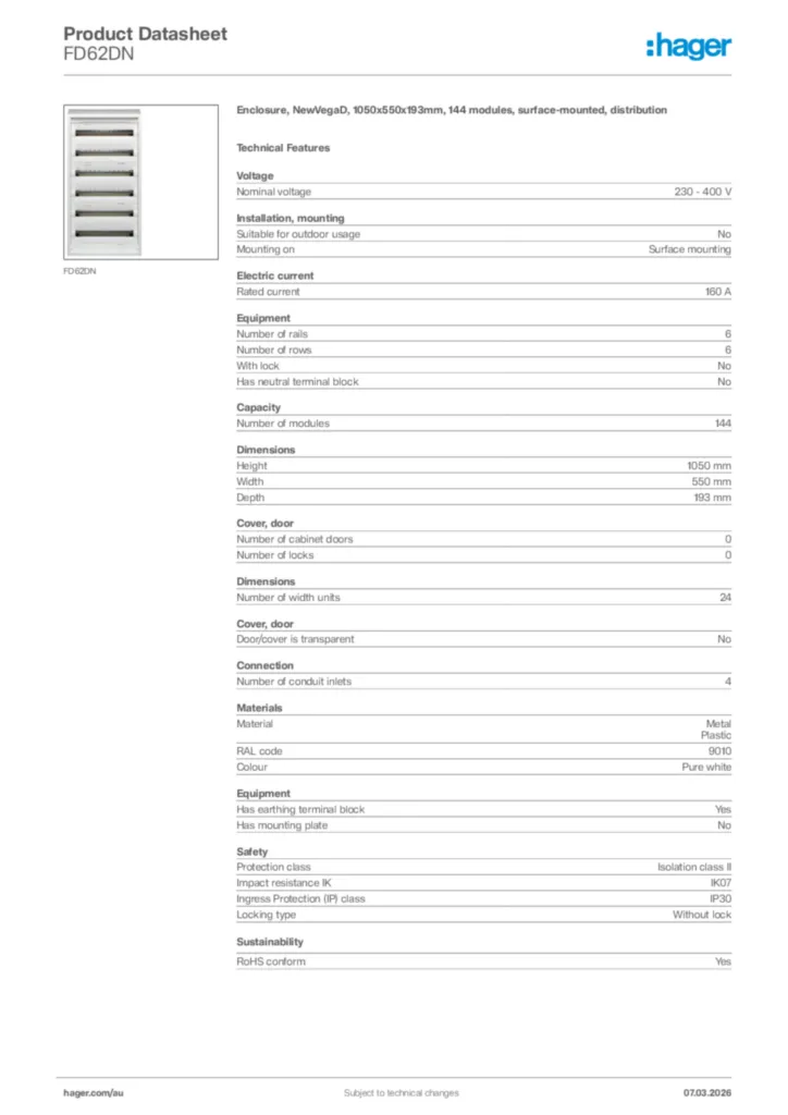 Image Hager Product data sheet FD62DN  | Hager Australia