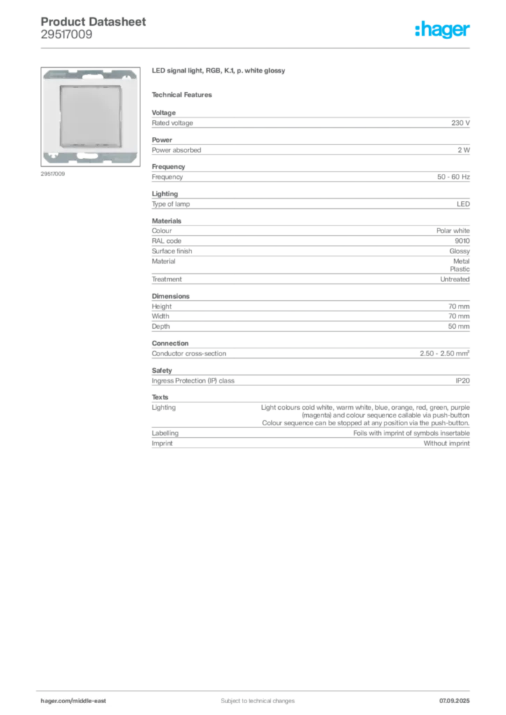 Image Hager Product data sheet 29517009  | Hager