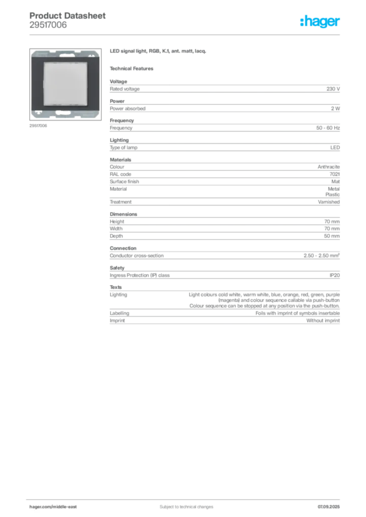 Image Hager Product data sheet 29517006  | Hager