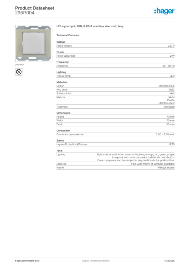 Image Hager Product data sheet 29517004  | Hager