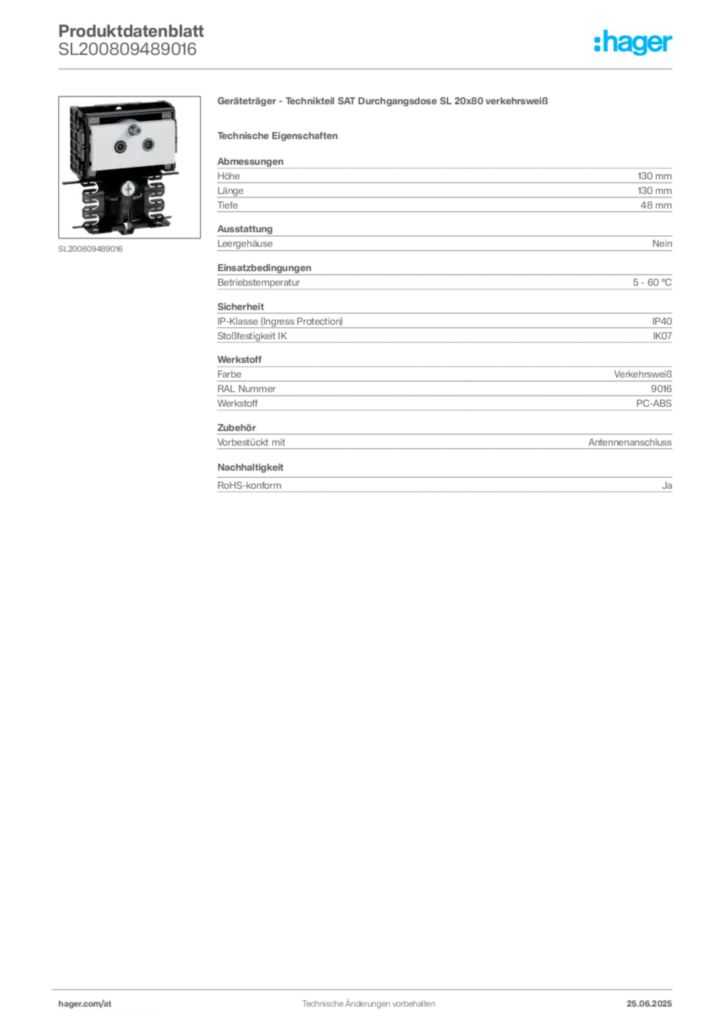 Bild Hager Produktdatenblatt SL200809489016 | Hager Deutschland