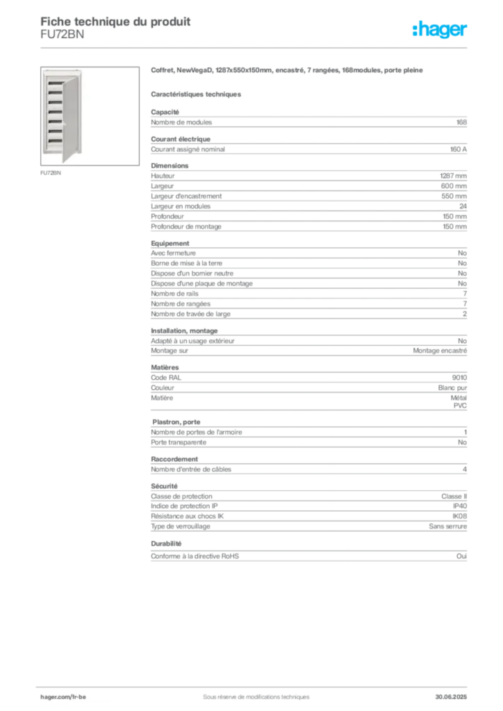 Image Hager Fiche technique du produit FU72BN | Hager Belgique