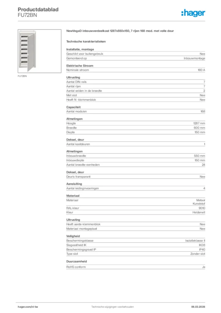 Afbeelding Hager Productdatablad FU72BN | Hager Belgium
