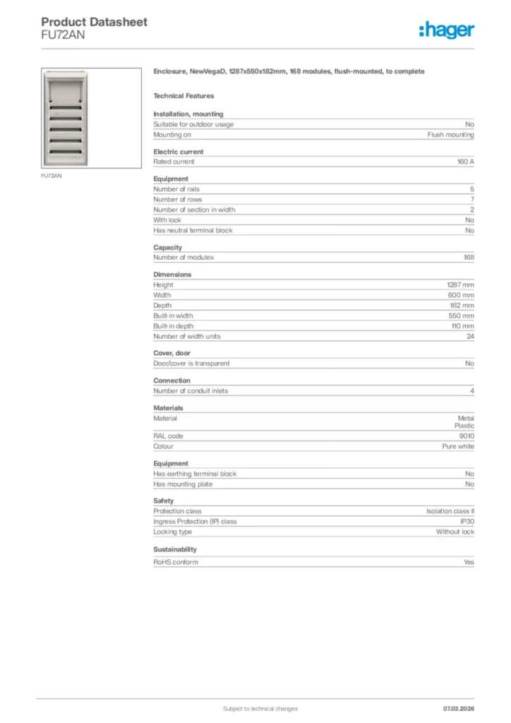 Image Hager Product data sheet FU72AN  | Hager Africa