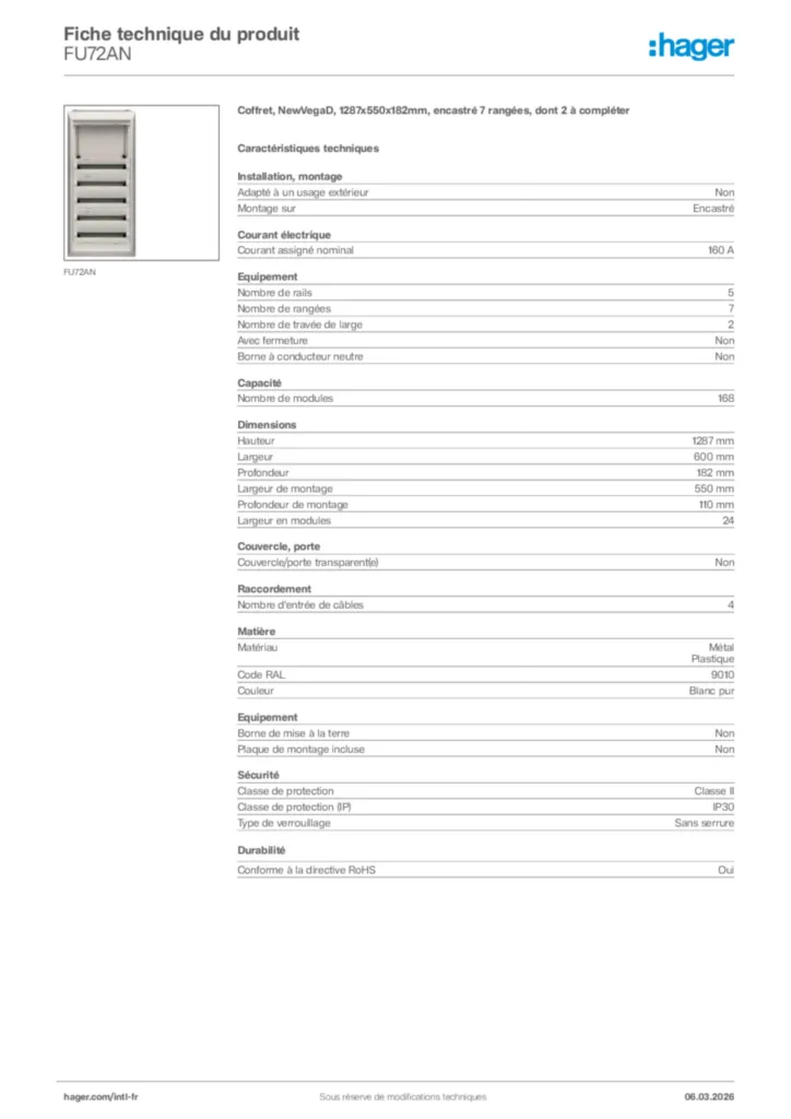 Image Hager Fiche technique du produit FU72AN | Hager Afrique