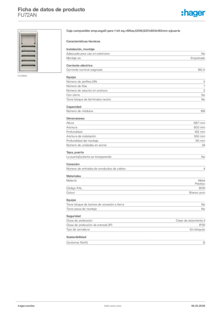 Imagen Hager Ficha de datos de producto FU72AN | Hager España