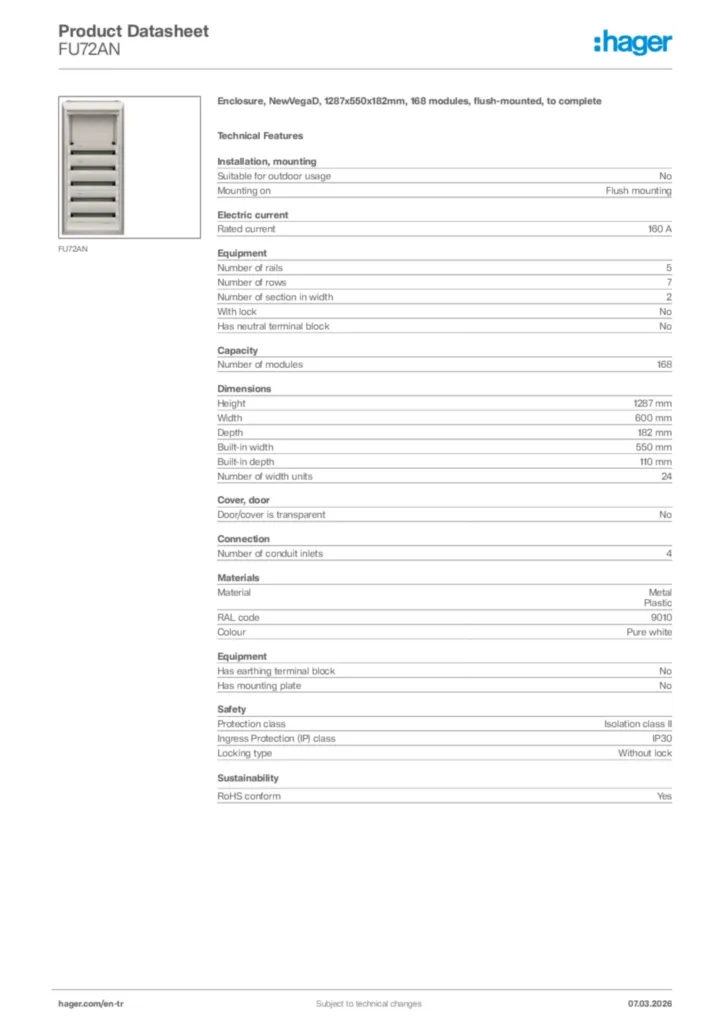 Image Hager Product data sheet FU72AN  | Hager