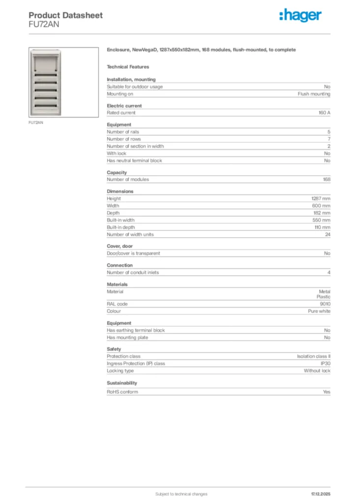Image Hager Product data sheet FU72AN  | Hager