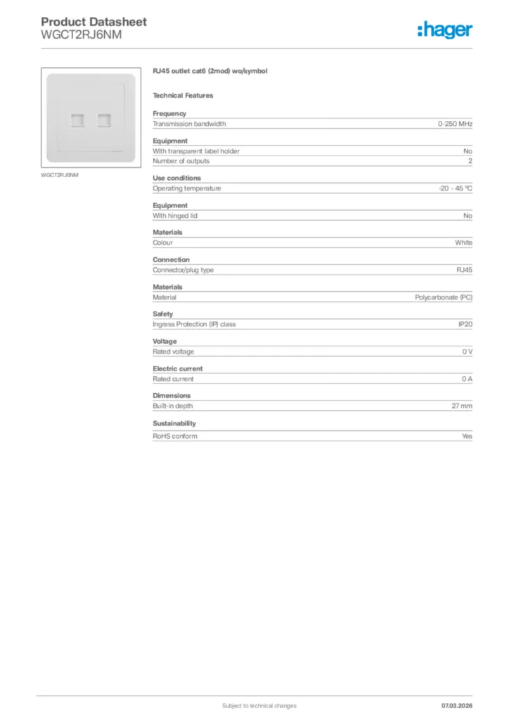 Image Hager Product data sheet WGCT2RJ6NM  | Hager Africa