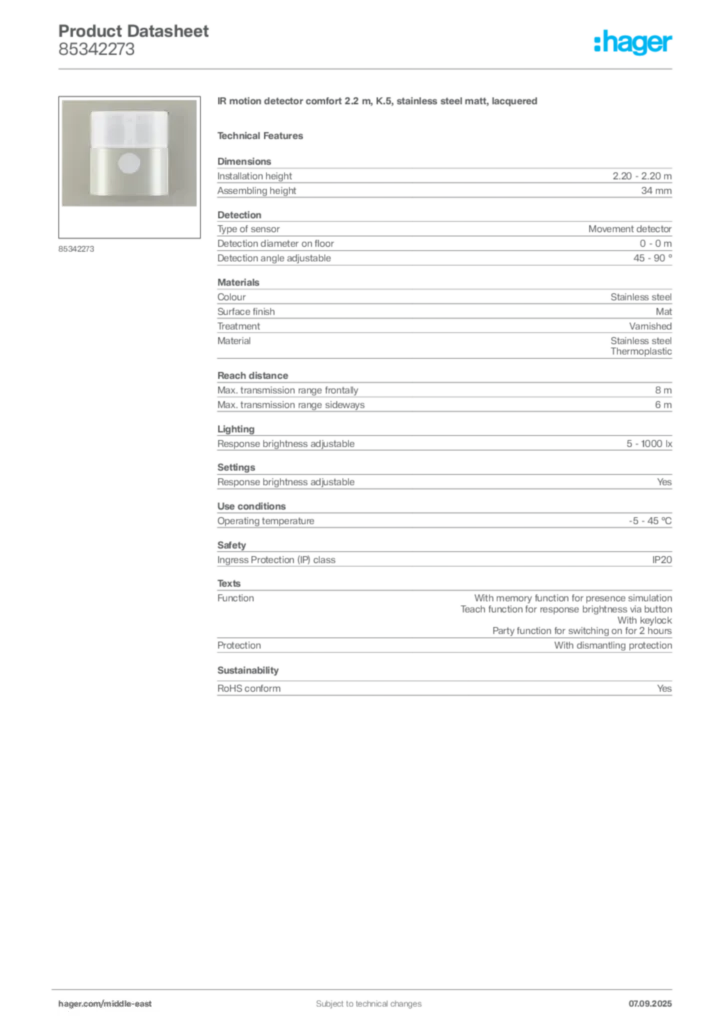 Image Hager Product data sheet 85342273  | Hager