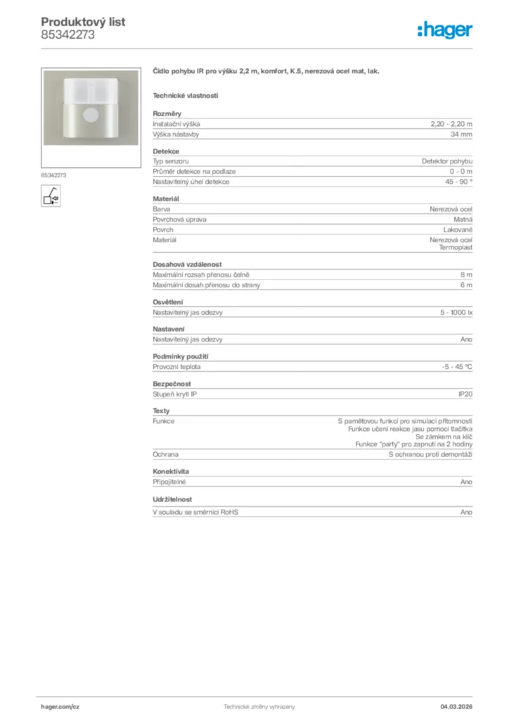 Obrázek Hager Product data sheet 85342273 | Hager