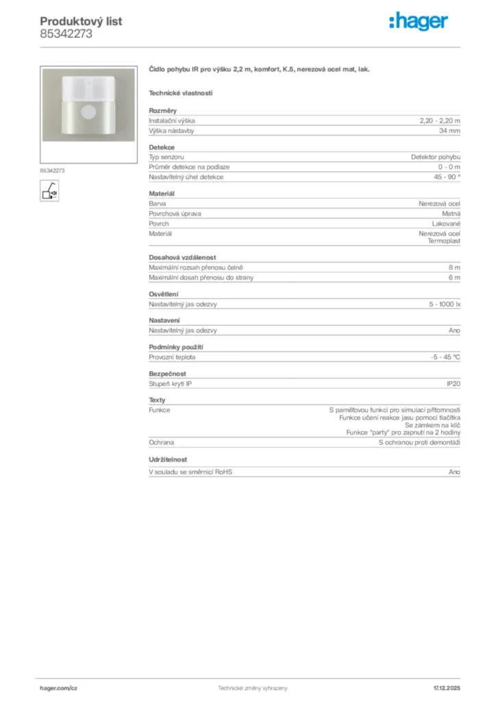 Obrázek Hager Produktový list 85342273 | Hager