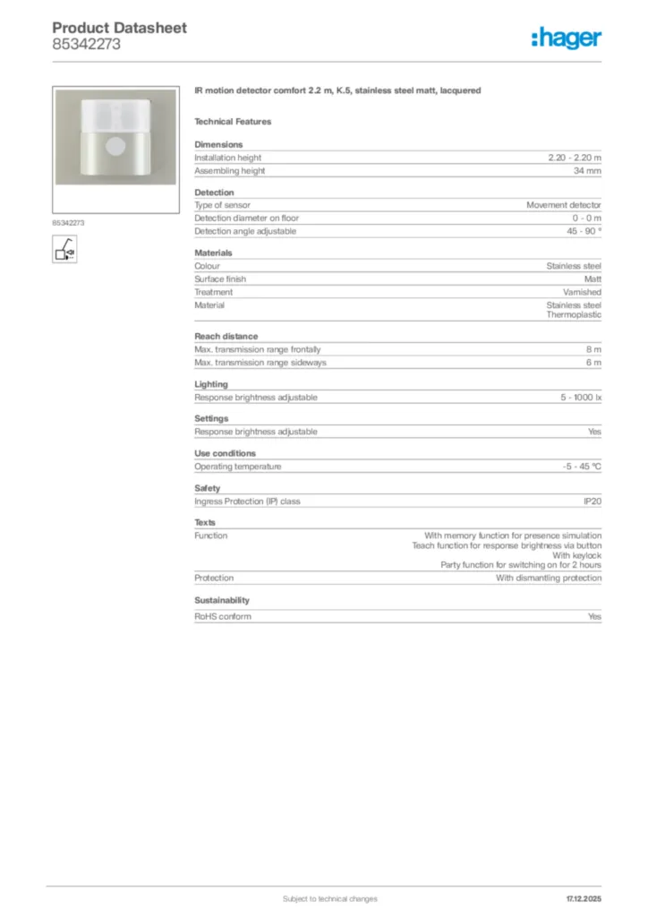 Image Hager Product data sheet 85342273  | Hager