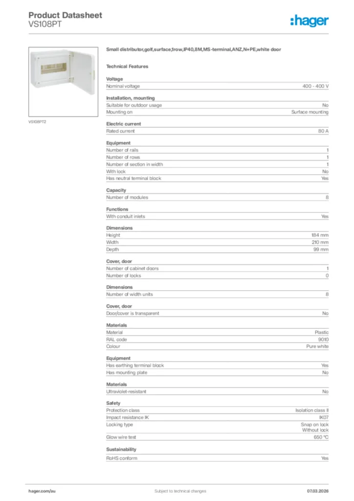 Image Hager Product data sheet VS108PT  | Hager Australia