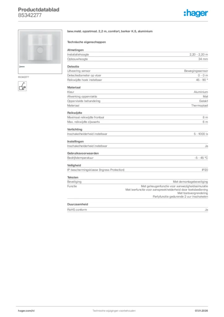 Afbeelding Hager Productdatablad 85342277 | Hager Nederland