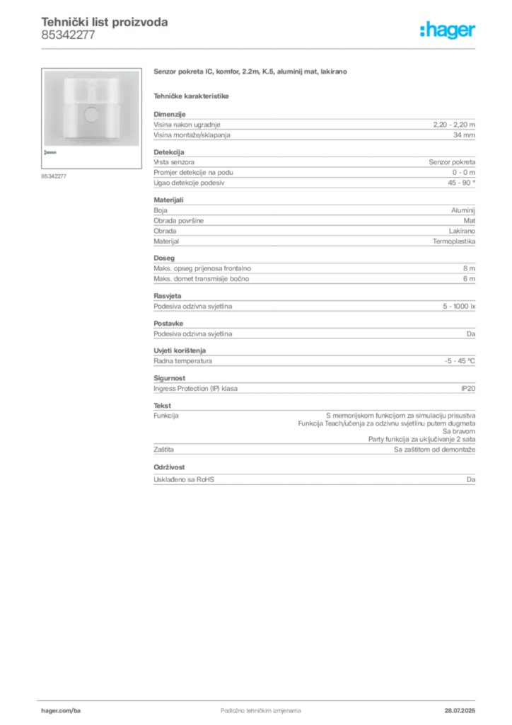 Slika Hager Product data sheet 85342277  | Hager