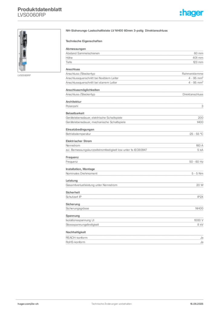 Bild Hager Produktdatenblatt LVS0060RP | Hager Schweiz