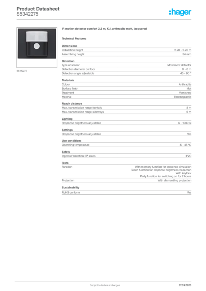 Image Hager Product data sheet 85342275  | Hager