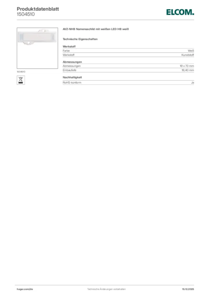 Bild Elcom Produktdatenblatt 1504510 | Hager Deutschland