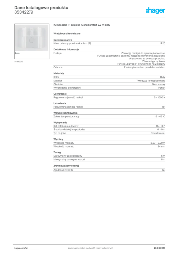Zdjęcie Hager Karta katalogowa 85342279 | Hager Polska