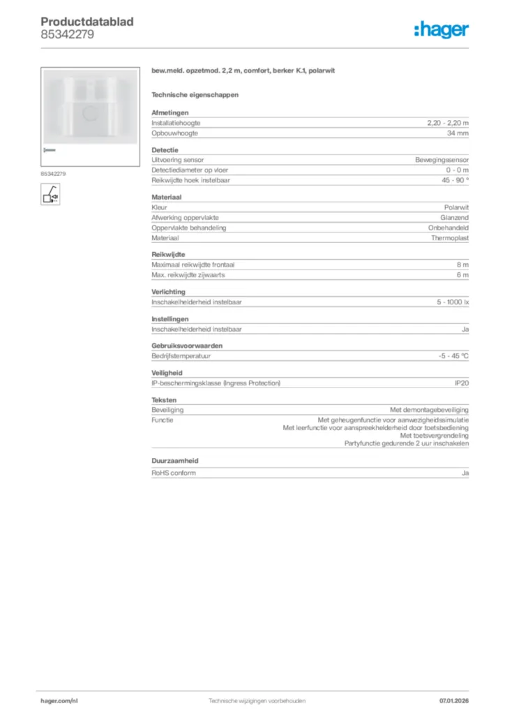 Afbeelding Hager Productdatablad 85342279 | Hager Nederland