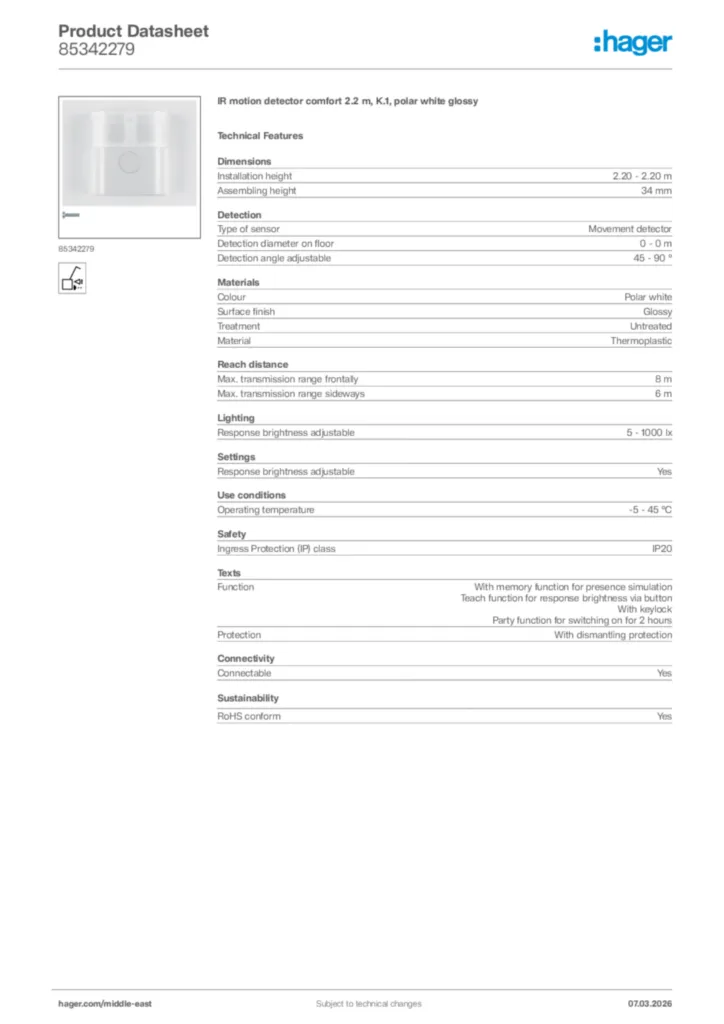Image Hager Product data sheet 85342279  | Hager