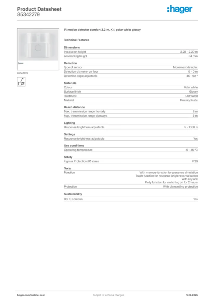 Image Hager Product data sheet 85342279  | Hager