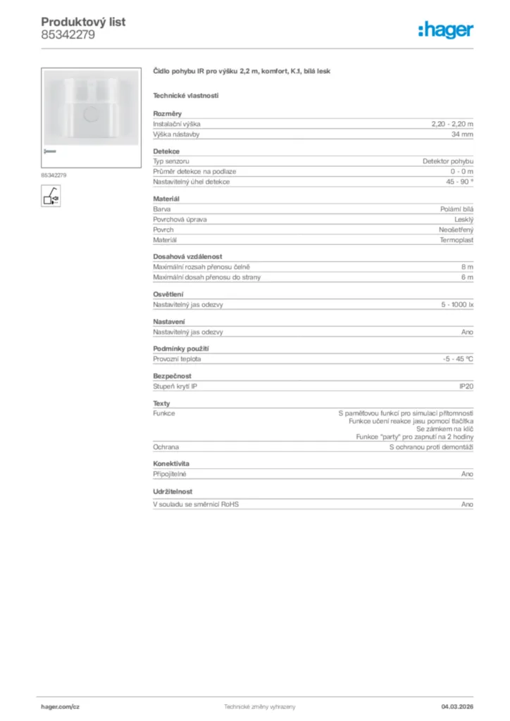 Obrázek Hager Product data sheet 85342279 | Hager