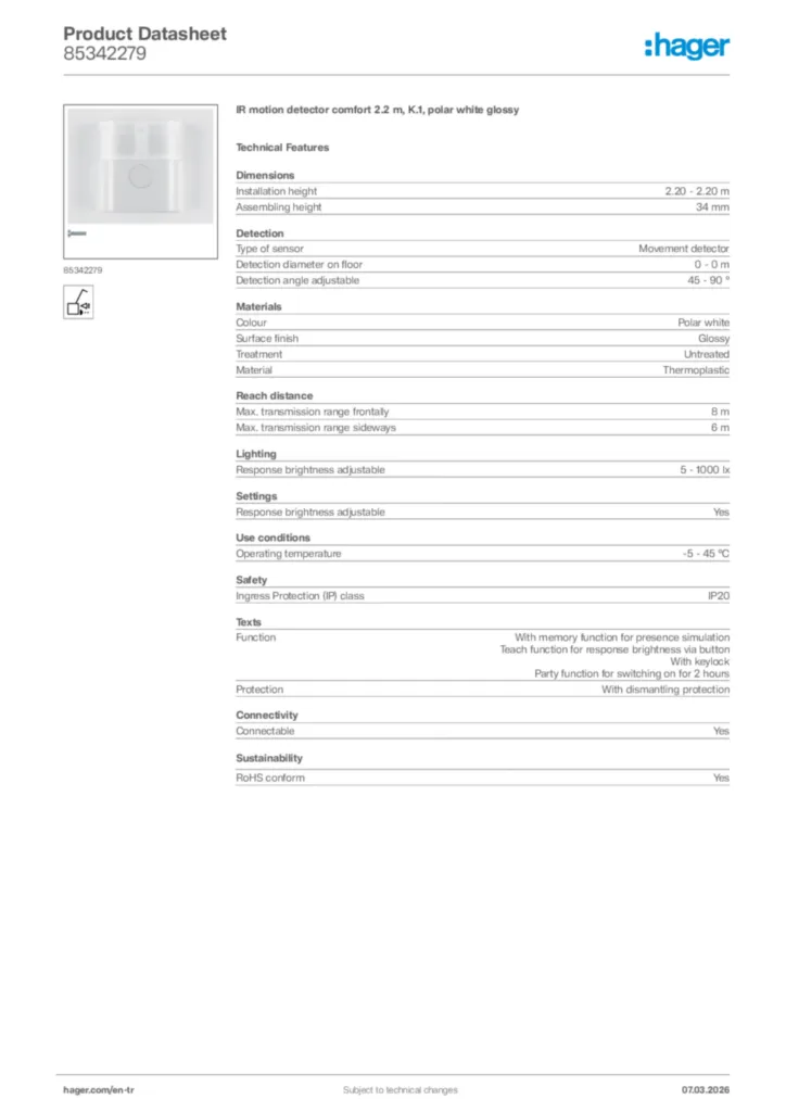 Image Hager Product data sheet 85342279  | Hager