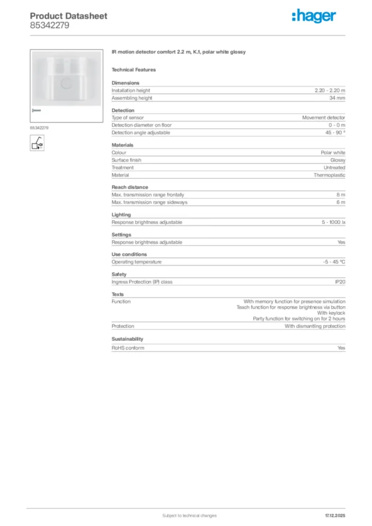 Image Hager Product data sheet 85342279  | Hager