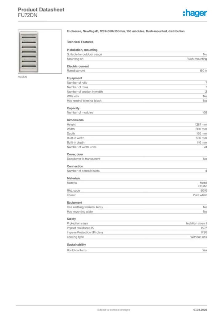 Image Hager Product data sheet FU72DN  | Hager Africa