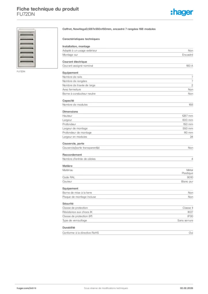 Image Hager Fiche technique du produit FU72DN | Hager Afrique