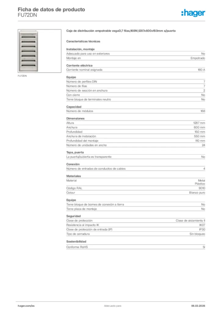 Imagen Hager Ficha de datos de producto FU72DN | Hager España