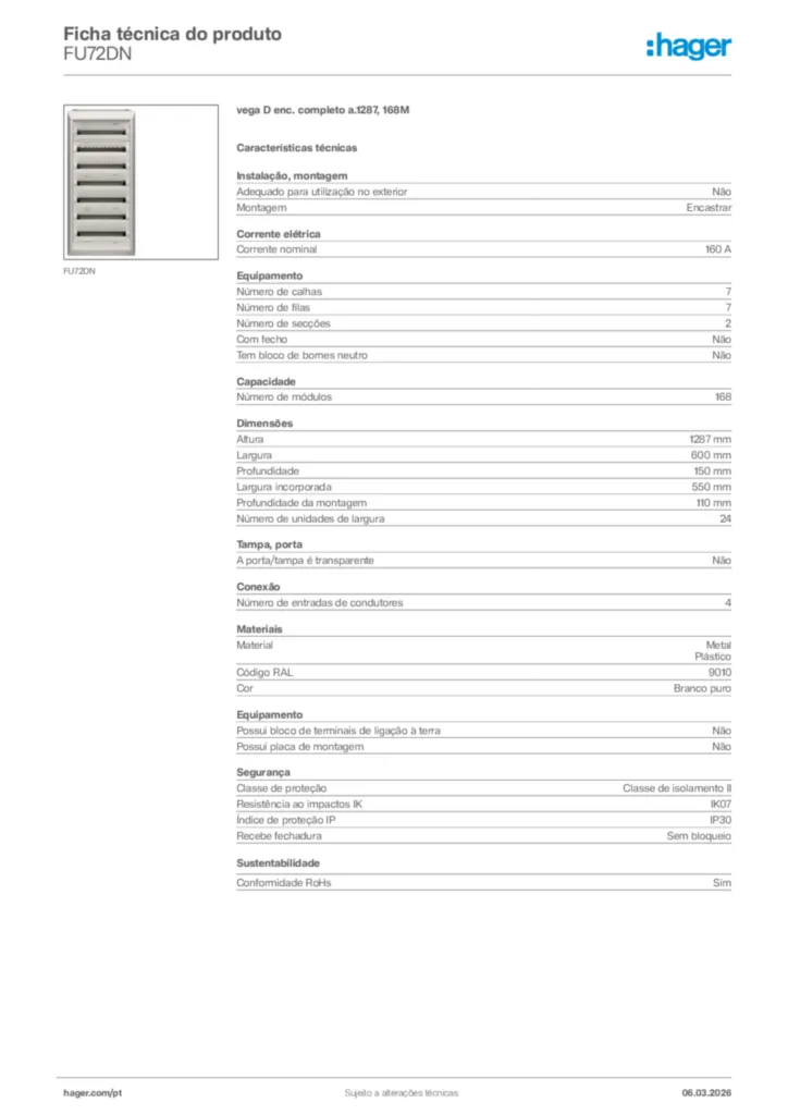 Imagem Hager Ficha técnica do produto FU72DN | Hager Portugal