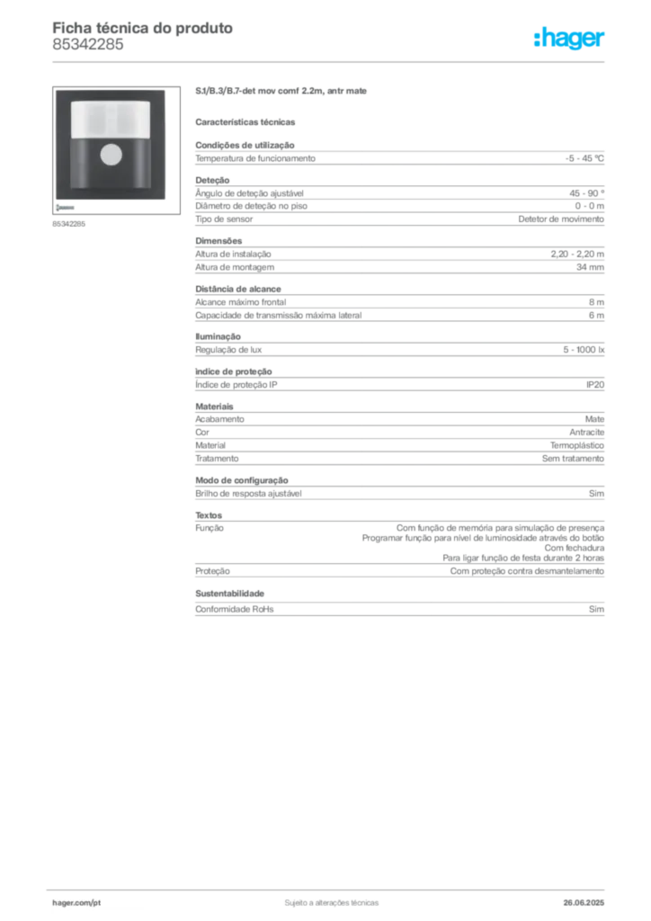 Imagem Hager Ficha técnica do produto 85342285 | Hager Portugal