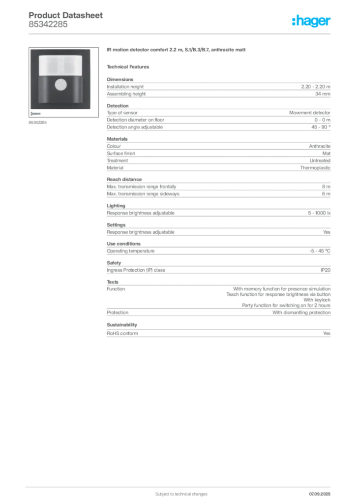 Image Hager Product data sheet 85342285  | Hager
