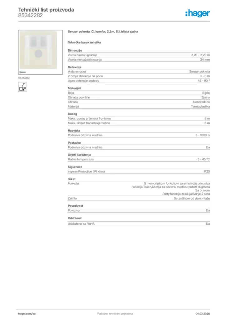 Slika Hager Tehnički list proizvoda 85342282  | Hager