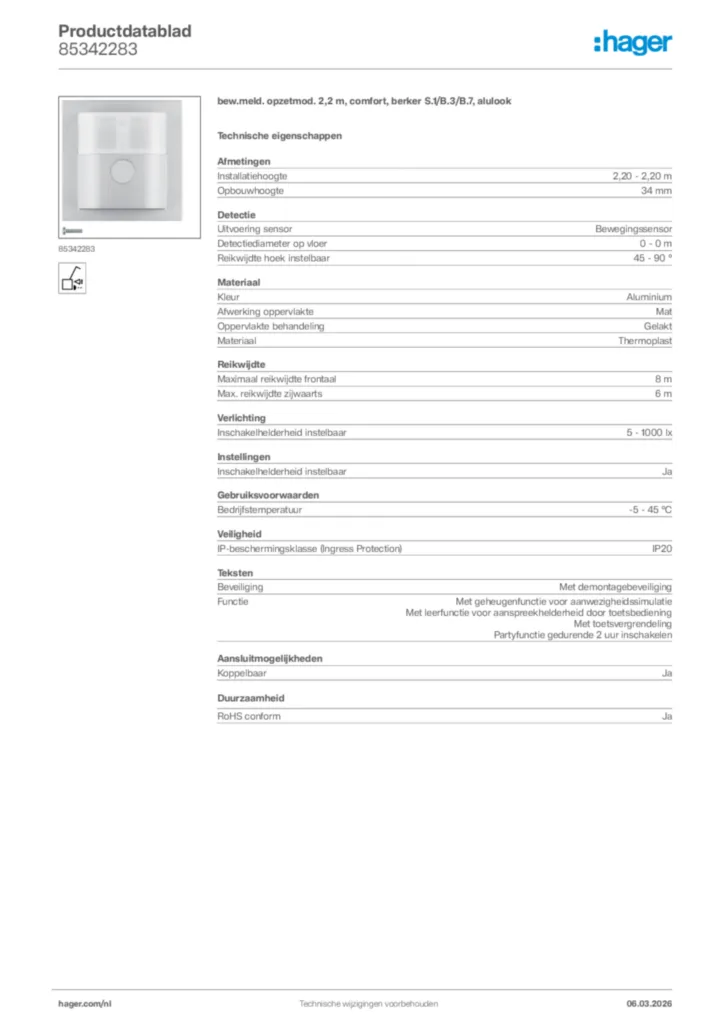 Afbeelding Hager Productdatablad 85342283 | Hager Nederland