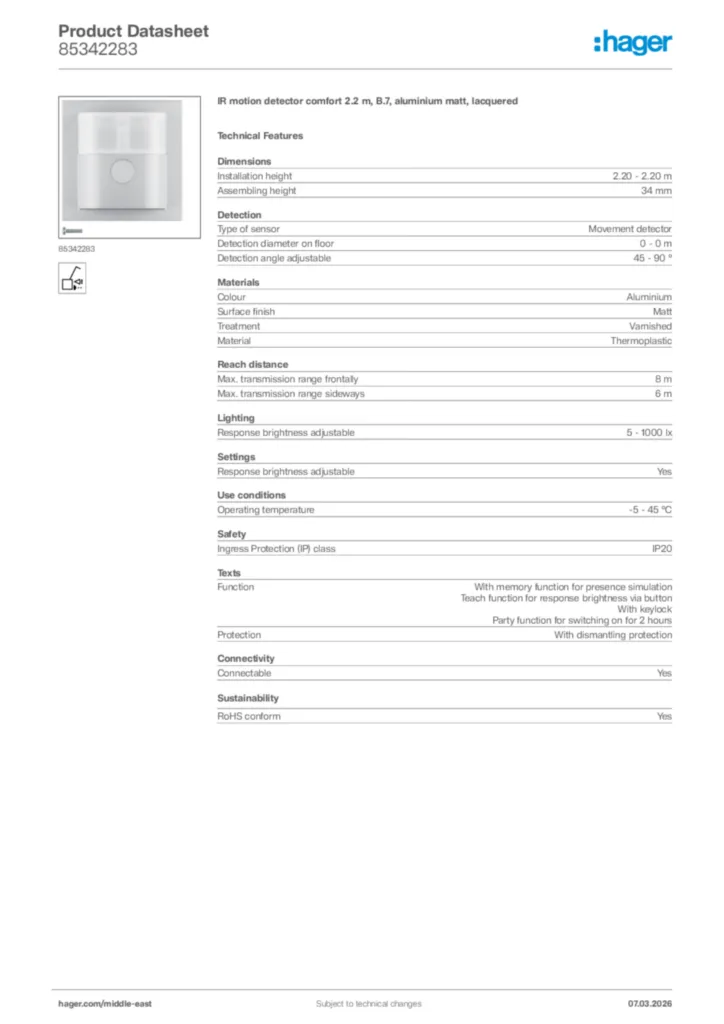 Image Hager Product data sheet 85342283  | Hager